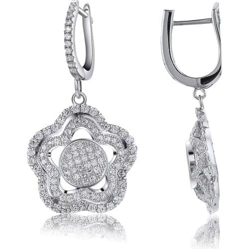 Real 925 Sterling Silver Earring CZ Flower Fashion Dangle Drop Lovely Girls Earrings For Women Anniversary Gifts Fine Jewelry