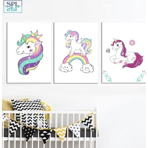 SPLSPL Nordic Style Kids Decoration Unicorn Cute Cartoon Animals Canvas Art Oil Painting for Living Room Wall Picture No Framed