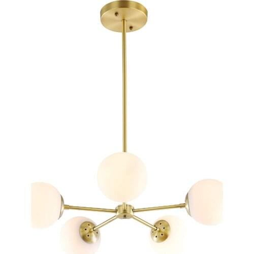 Glass Chandelier, Brushed Brass with White Frosted Globes, Branch Molecule Chandelier for Living Dining Room, Restaurant