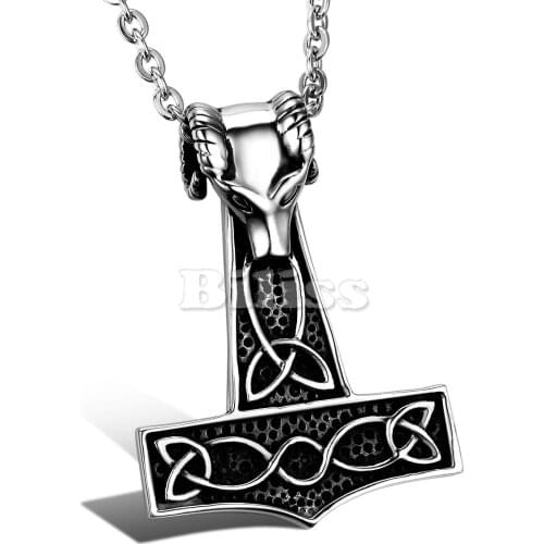 Vintage Stainless Steel Knot Wolf Thor Hammer Pendant Necklace for Men, 22" Chain, Black Silver Colour (with Gift Bag)