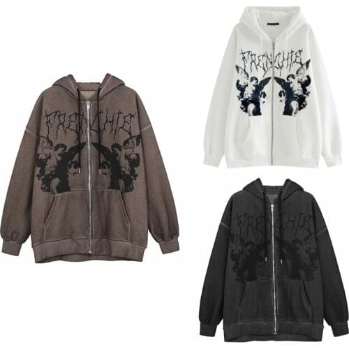 2021 Womens Autumn Long Sleeve Hoodies Jacket Goth Punk Angel Print Oversized Loose Sweatshirt Hip Hop Zip Up Outwear Coat