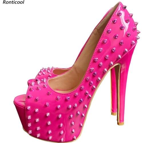 Ronticool Women Shiny Pumps Sexy Studded Stiletto Heels Peep Toe Pretty 5 Colors Night Club Wear Shoes Women US Plus Size 5-20