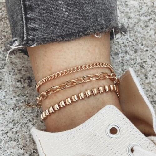 Womens Charm Gold Geometric Multi-Layer Thick Chain Anklet Female Punk Ankle Bracelet Beach Barefoot Sandal Jewelry Gifts