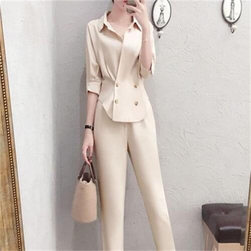 Fashion professional suit female summer New high quality casual temperament V-neck shirt + pants OL two-piece suit women