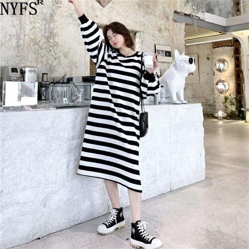 NYFS 2021 Korean New Autumn Winter Loose Stripes Woman Dress Vestidos Robe femme Fashion Elbise Hoodie Dress