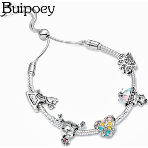 Buipoey Fashion Heart Charm Bracelets For Women Original LOVE Letters Beads Silver Color Adjustable Bracelet & Bangle Jewelry