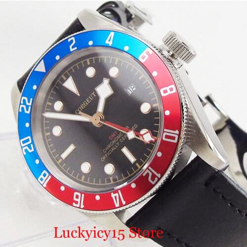 Mechanical Watch Men 41mm Sapphire Glass Date GMT Function Alloy Bezel Leather Strap Black Dial with Brown Marks