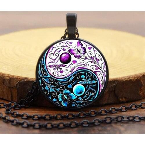 Black and White Butterfly Tai Chi Yin Yang Pendant Necklaces for Him Glass Cabochon Choker Best Friends Friendship Jewelry Gifts
