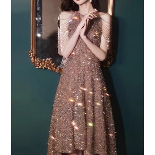 Elegant Shiny Prom Dresses Sexy Halter Sequined Tassel Sleeves A-Line Banquet Knee Length Homecoming Graduation Cocktail Gowns