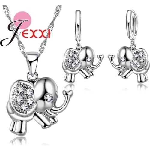 Wholesale Cute Rhineston Elephant Jewelry Set Girls 925 Sterling Silver Pendant Necklace Earrings Jewelry Set For Women