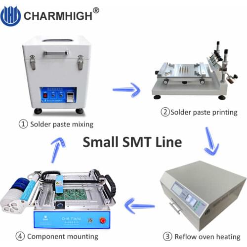 Hottest small SMT line: Solder paste mixer, CHMT36VA desktop pick and place machine, 3040 Stencil Printer,Reflow Oven T962A plus