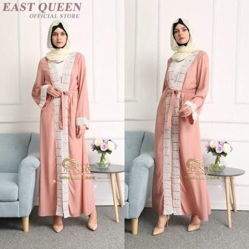 Fashion long sleeve knitted Islamic clothing dresses Abaya dress women lace Turkish dress with belt l Muslim cardigan DD284 F