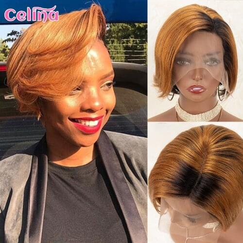 Short Bob Lace Front Wig Pixie Cut R&L Part Lace Wig For Black Women Side Part Brazilian Straight Human Hair Wigs Ombre Blonde