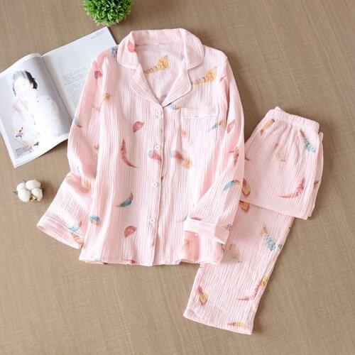 JULYS SONG Spring Autumn New Women Viscous Pajamas Set 2 Pieces Feather Printing Long-sleeved Cute Casual Sleepwear Suit