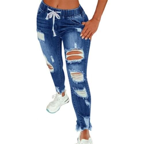 Plus Size 2021 New Summer Ripped Jeans Fashion Women Elastic Drawstring Holes Long Jeans Trouser Dating Streetwear Denim Pants