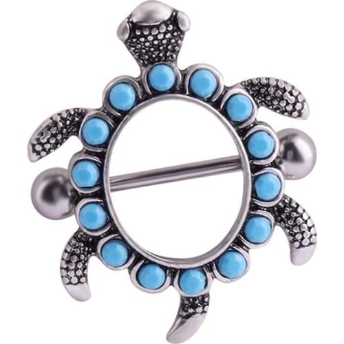 1Pcs Blue Bead Turtle Nipple Rings Surgical Steel Helix Earring Retro Nipple Piercing Tortoise Body Jewelry Gift