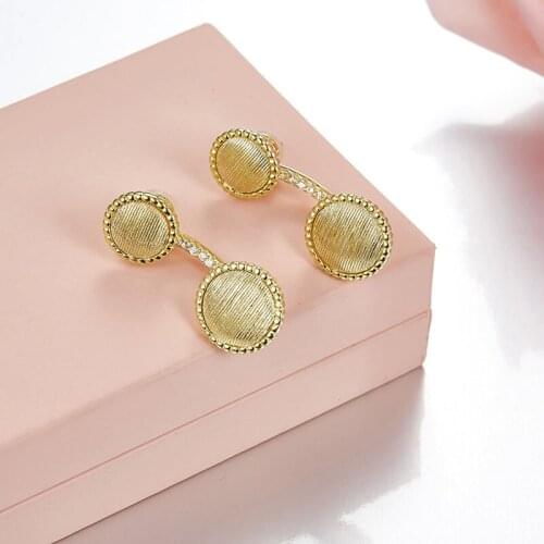 SOELLE 925 Sterling Silver Gold Brushed Double Round Disc Earrings Inlay Cubic Zirconia Women Lady Fine Bijoux Fashion Jewelry