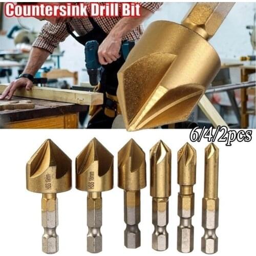 2/4/6pcs 6-19mm Countersink Drills for Drilling Set Drill Bit Tools 5 Flutes HSS 1/4 Inch Hex Shank Chamfer Metal Cutter Tool