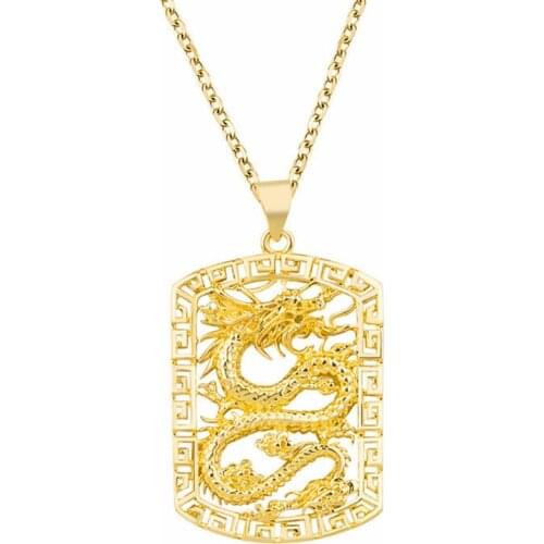 Light Yellow Gold Color Metal Engraved Chinese Dragon Pendant Link Chain Necklace Classic Jewelry