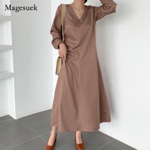 Slim V-neck Solid Cotton Loose Dress Fashion Simple Elegant Spring Dress Office Lady Casual Long Sleeves Dress Vestidos 14026