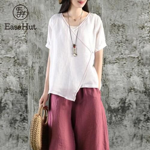 EaseHut Vintage Women Blouse Cotton V Neckline Crossover Irregular Hemline Loose Vacation Holiday Wear Summer Lady Solid Top