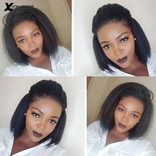 Xinhaoze Short Bob Human Hair Wigs Yaki Straight Bob Lace Front Wigs Malaysian Lace Front Remy Human Hair Wigs