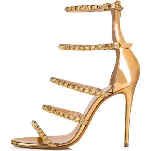 Moraima Snc Fashion Gold Rivets Studded High Heel Shoes Woman Summer Open Toe Gladiator Sandals Cutouts Party Dress Heels