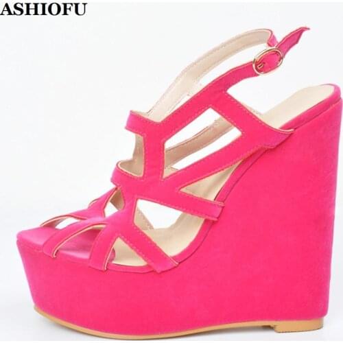 ASHIOFU Handmade Womens Wadge Heel Sandals Cross-straps Party Dress Shoes Peep-toe Evening Club Real Photos Fashion Sandals