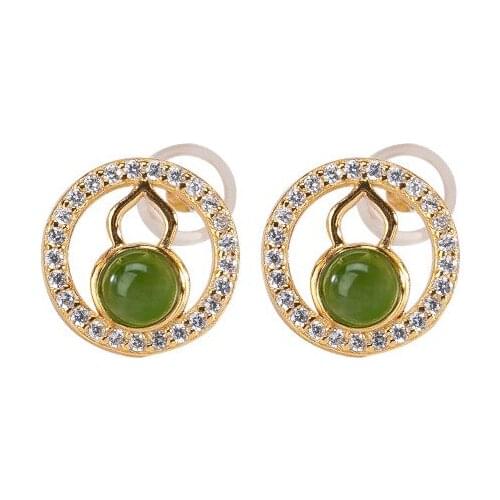 S925 sterling silver gold-plated Hetian jade stud earrings personalized light elegant gourd womens earrings