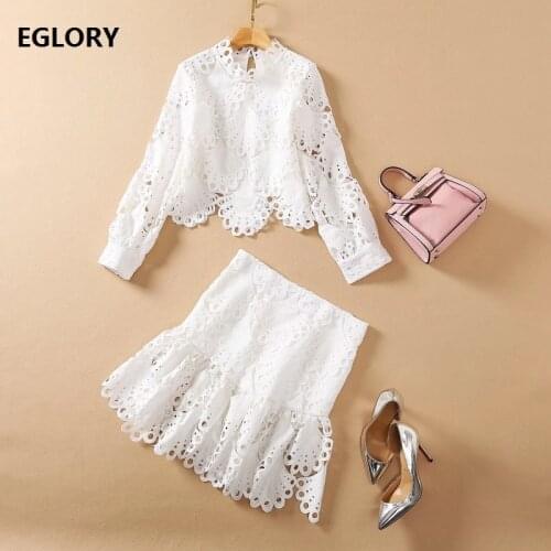 Crop Set 2021 Spring Summer Fashion 2 Piece Set Women Crochet Lace Embroidery Long Sleeve Crop Tops+ Mini Skirt Sets Casual Club