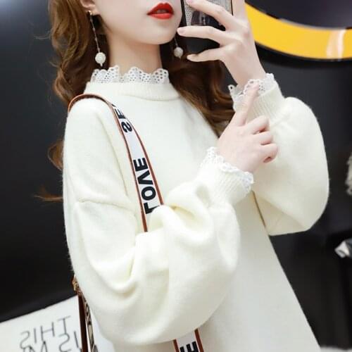 Korean Fashion Lace Splicing O-neck Knitted Sweater Women Solid Loose Jumper Ladies Spring Long sleeve Knit Pullover Tops Female