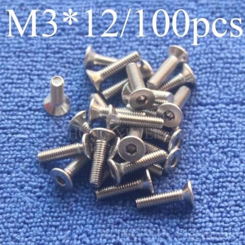 100Pcs M3*12 Flat Head Stainless Steel SS304 Machine Countersunk Screw Bolt Fastener Allen Key Head hex socket countersunk head