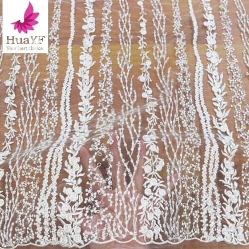 White Embroidery Mesh Lace Fabric With Sequins For Bridal Wedding Dress HY1357