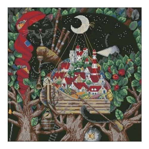 Black Fabric Popular Embroidery The Castle of the Black Cat Funny Cross Stitch Kits UK with Floss & Free Shipping for Home Decor