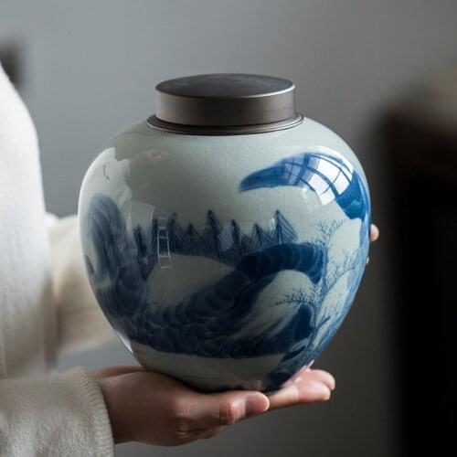 Chinese Tea Cans Ceramic Sealed Cans Gift Box Packaging Large Tea Storage Porcelain Cans Pu'er Black Tea Kitchen Storage Tools