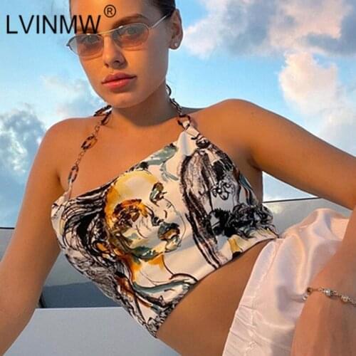 LVINMW Halter Metal Chain Backless Sexy Slim Tank Tops Lace Up Figure Print Fashion Designed Crop Top Summer Outfits Streetwear