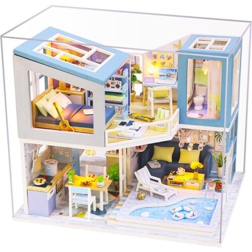 Furniture Doll House Wooden Miniature DIY DollHouse Furniture Kit Assemble with Dust Cover Doll Home Toys For children Gift M37