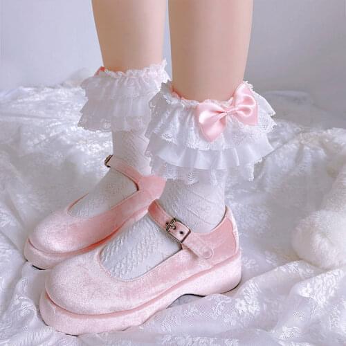 Cute Pink Lolita Lace Bow Cotton Lolita Socks Fairy Lace Socks