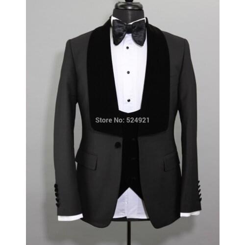 Custom Made Men Suits Black Groom Tuxedos Shawl Velvet Lapel Groomsmen Wedding 3 Pieces ( Jacket+Pants+Vest+Bow Tie ) C533