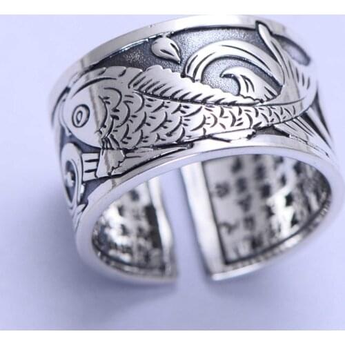 999 Sterling Silver Jewelry Silver Carp heart Opening Retro Mens Ring Jewelry Free Shipping