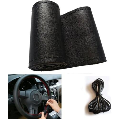38cm DIY Car Leather Steering Wheel Cover With Needles Thread Black + Black