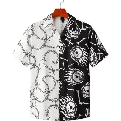 Black White Patchwork Vintage Shirt Summer New Men Hawaiian Short Sleeve Shirt Mens Casual Print Beach Shirts Man Oversized Hemd