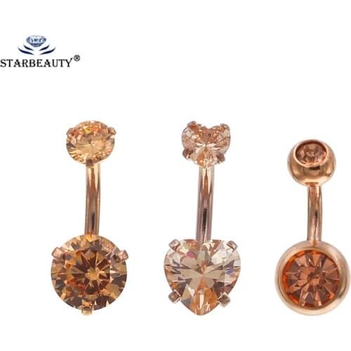 Starbeauty 1Pc Rose gold Color Internally Threaded Belly Button Rings Double Crystal Zircon Navel Ring Piercing Body Jewelry