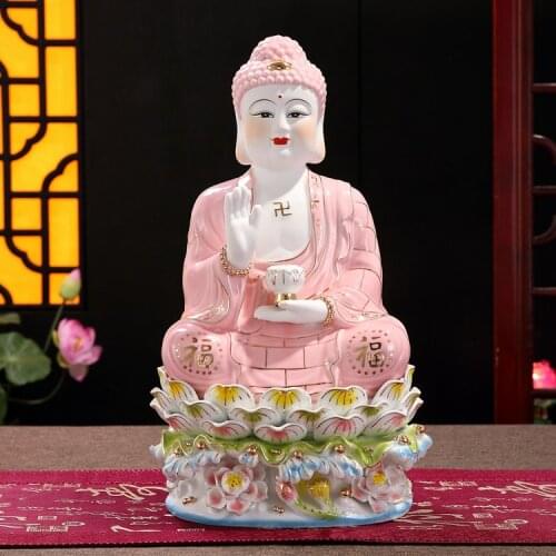 Buddha Statue Painted Sakyamuni,Hand-painted Gold Jade Porcelain Red Water Seat Guanyin Buddha Ornaments True Gold Color