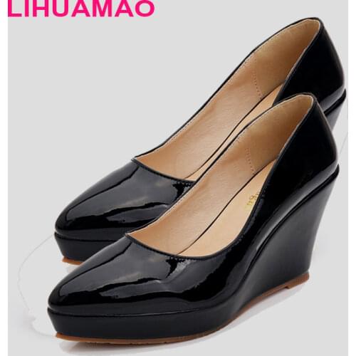 LIHUAMAO wedges heel shoes for women pointed toe slip on platform ladies high heel dress pumps work party dacning wedding shoes