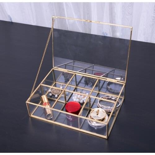 Vintage Old Copper Classic Square Six-Frame Glass Jewelry Box European Jewelry Accessories Cosmetics Storage Box 23*16*6CM