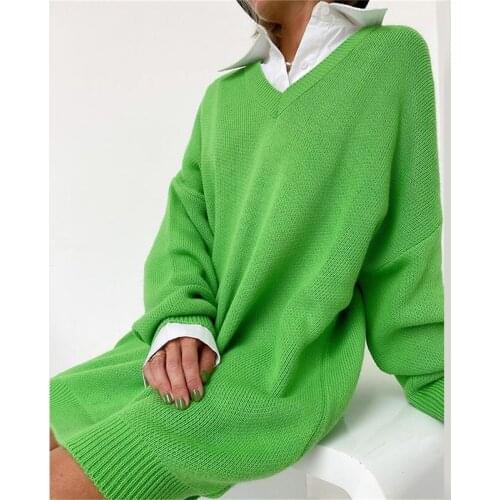 Womens Sweater Oversize Long Knitted V-neck Loose Ladies Sweaters Pullover Drop Shoulder Green Solid Autumn 2021 Casual Fashion