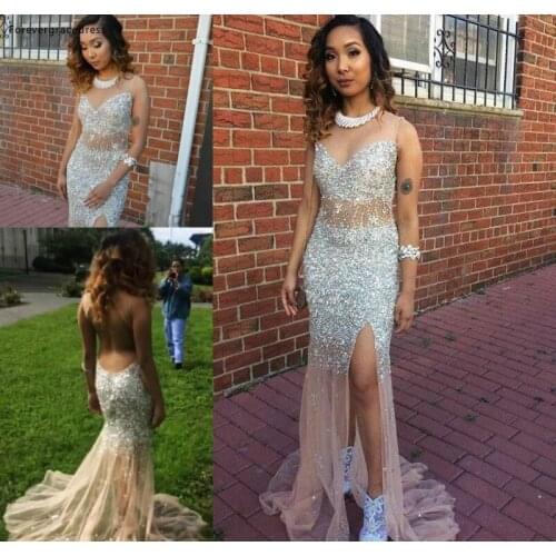 2019 Silver Beads Backless Prom Dress African Mermaid Long Formal Holidays Wear Graduation Evening Party Gown Plus Size