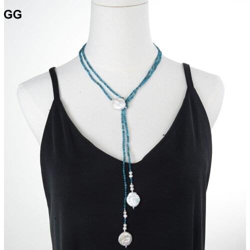 GG Jewelry 53" Natural Faceted Round Blue Kyanites White Coin Pearl Long Necklace Handmade For Women