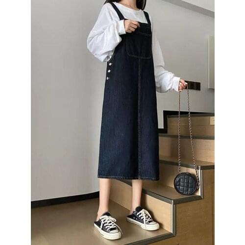 Denim suspender skirt female student Korean version loose 2021 spring and summer age reduction all-match mid-length denim dress
